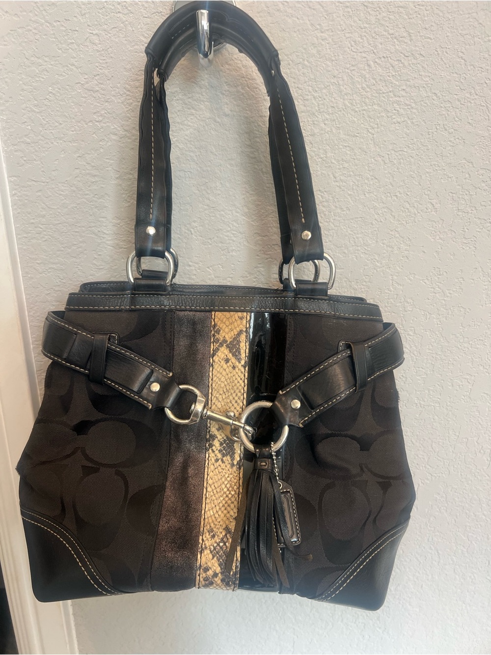 Coach Black Signature Tote with Snake-Print Center Stripe